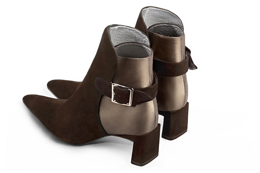 Dark brown and bronze gold women's ankle boots with buckles at the back. Tapered toe. Medium flare heels. Rear view - Florence KOOIJMAN